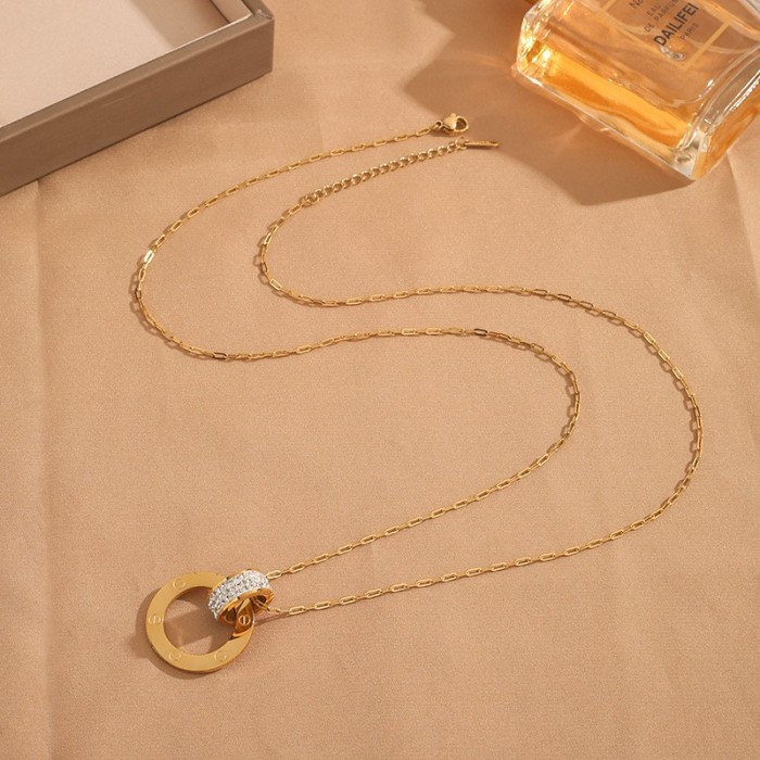 Kajia LOVE pure silver fashion circular disc pendant collarbone chain single ring double ring triple ring diamond-encrusted necklace