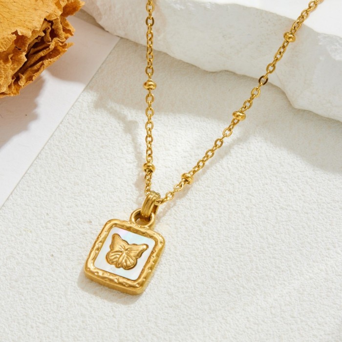 Titanium steel 18k square pendant mother-of-pearl butterfly relief bead collarbone necklace for women, niche design with a high-end fairy style