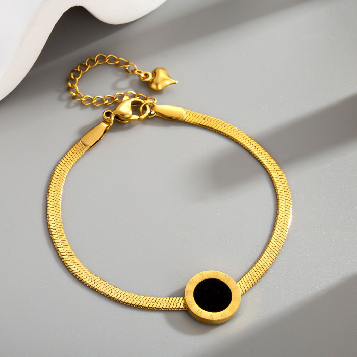 Simple round black Roman numeral stainless steel necklace set with snake bone chain, collarbone chain, pendant, bracelet, and earrings