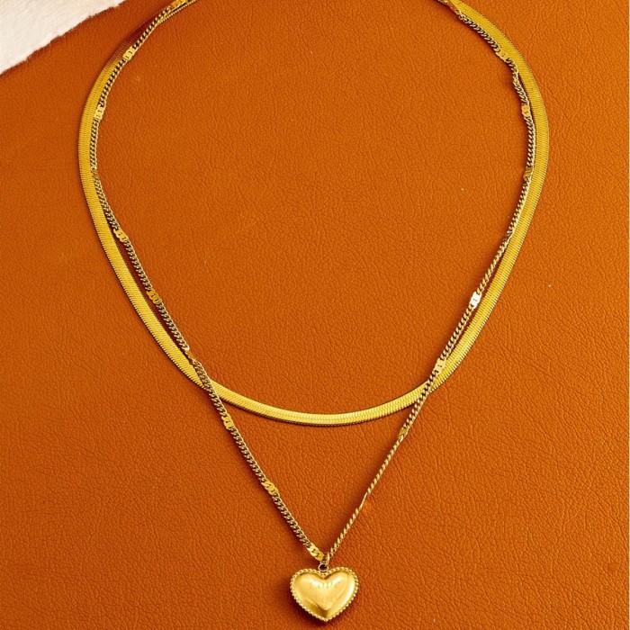Versatile and Unique Real Gold Plated Stainless Steel Letter and Heart Pendant Double-layer Necklace Clavicle Chain,...