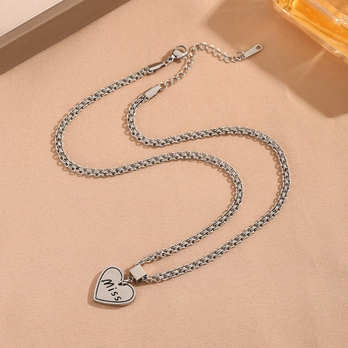 Korean and Japanese retro heart-shaped letter pendant titanium steel necklace for women, ins hip-hop niche trendy minimalist versatile sweater chain