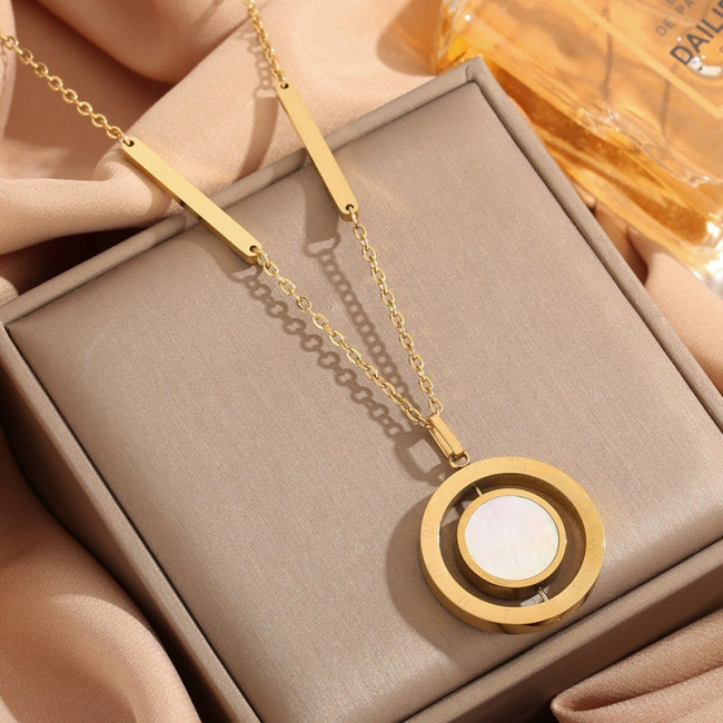 Lucky Fortune Round Pendant Titanium Steel Necklace for Women, New Year Autumn/Winter, Simple and Fashionable Rotating Clavicle Chain Jewelry Wholesale