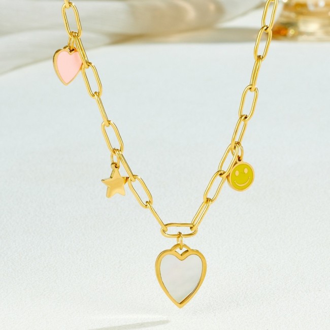 New European and American cross-border heart, moon, star, and smiley face pendants with zircon inlay, fashionable and versatile, with a light luxury feel, titanium steel necklace