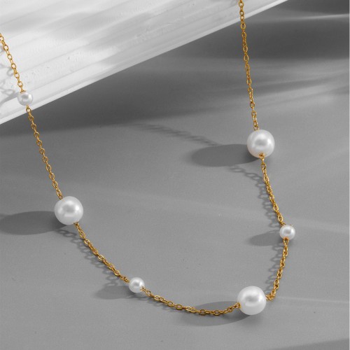 New cross-border design pearl necklace for women, European and American fashion retro copper electroplated 14k real gold shiny collarbone chain