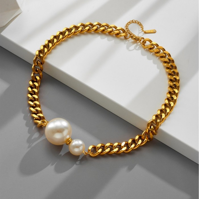 Trendy cross-border best-selling jewelry: faux baroque pearl exaggerated pendant necklace, vintage street style chunky chain choker
