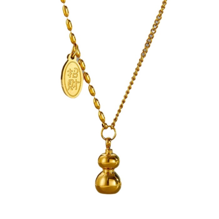 Lucky Gourd Bracelet Necklace for Women, Simple Chinese Style Clavicle Chain, Internet Celebrity High-End 18k Gold Titanium Steel, Non-Fading