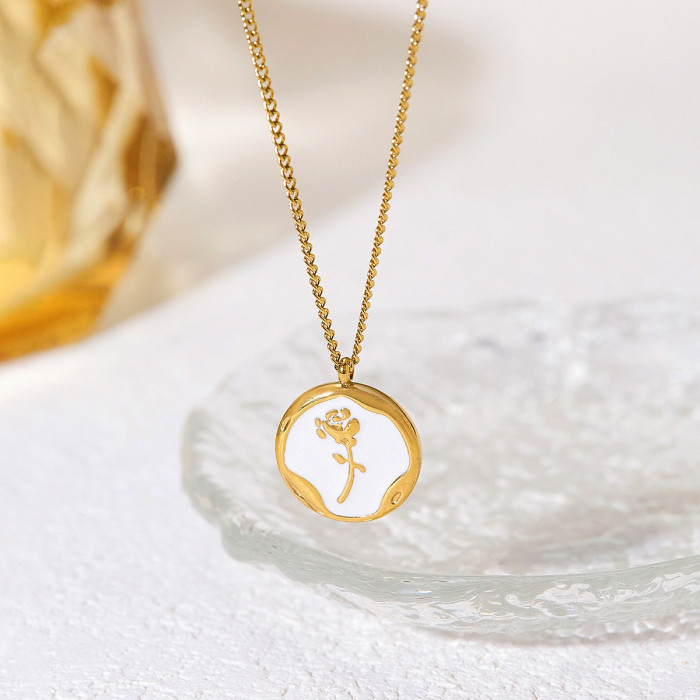 French-style vintage enamel oil-drip rose necklace for women, simple stainless steel, light luxury, fashionable, elegant, and stylish accessory