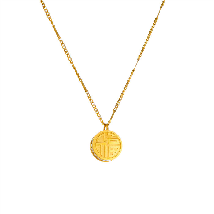 Chinese-style double-sided fortune and happiness pendant necklace, elegant titanium steel, anti-fading, simple and stylish collarbone chain