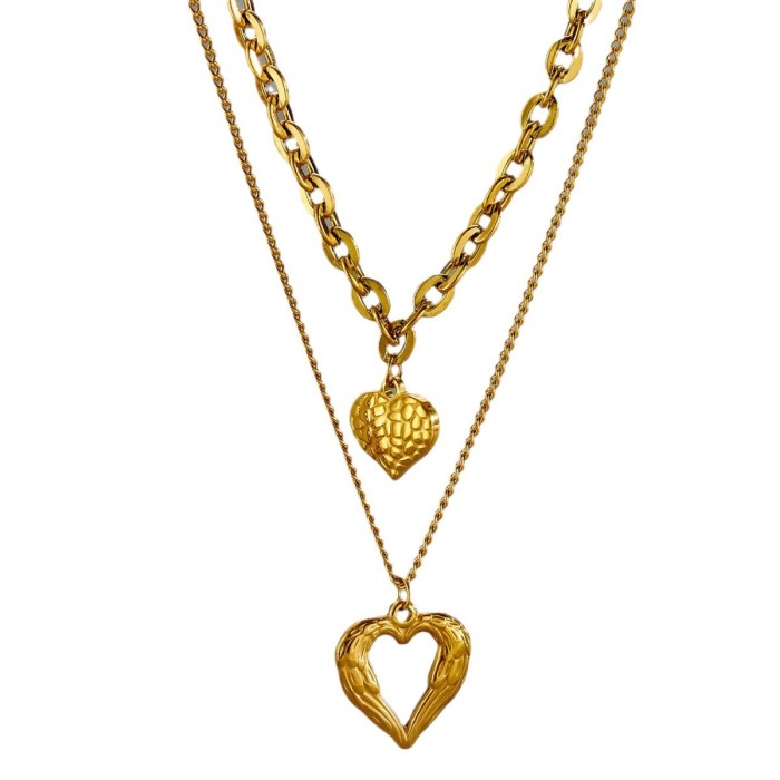 European and American cross-border vintage fashion high-end simple multi-layer titanium steel metal chain textured hollow heart pendant necklace