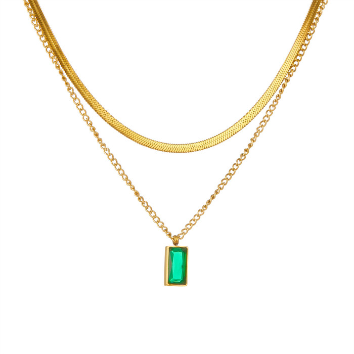 New titanium steel green zircon double-layer necklace for women, light luxury niche double-layer snake bone chain design clavicle chain women's accessory