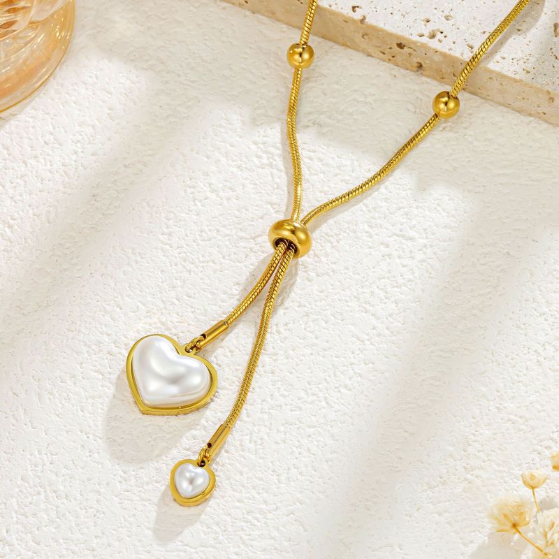 New European and American style cross-border adjustable titanium steel necklace with large and small heart-shaped pearls, light luxury fashion, non-fading jewelry