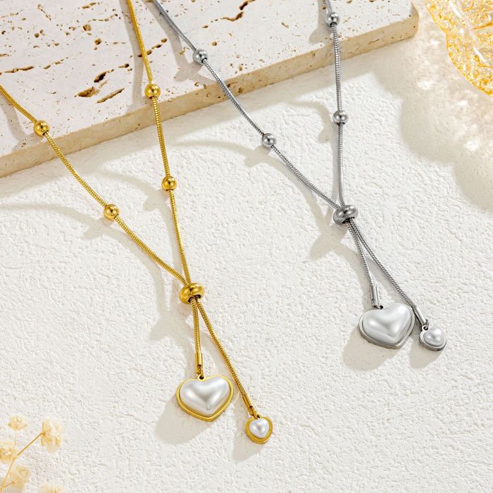 New European and American style cross-border adjustable titanium steel necklace with large and small heart-shaped pearls, light luxury fashion, non-fading jewelry