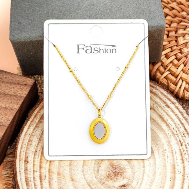 French-style elegant evening party fashion accessory: titanium steel gold-plated oval pendant inlaid with colorful mother-of-pearl necklace for women