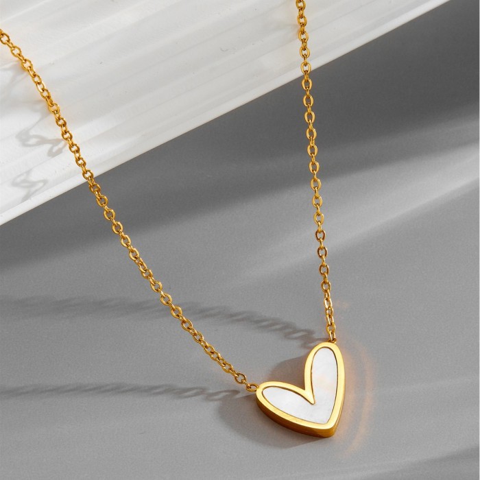 【Full Titanium Steel】White Shell Heart Necklace, Non-fading, Versatile, Light Luxury, Fashionable, Versatile Pendant Collarbone Chain Wholesale