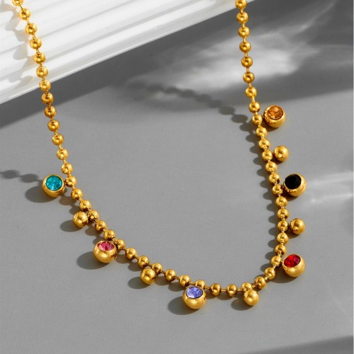 Cross-border wholesale European and American minimalist retro niche design colorful diamond bead pendant 18k gold-plated titanium steel necklace for women
