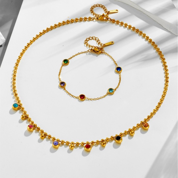 Cross-border wholesale European and American minimalist retro niche design colorful diamond bead pendant 18k gold-plated titanium steel necklace for women