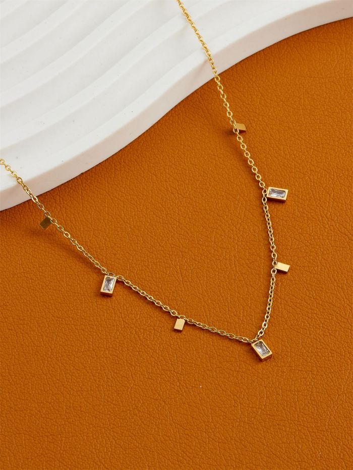 Niche luxury necklace for women with zircon diamond fragments, titanium steel clavicle chain, square crystal tassel, non-fading, wholesale