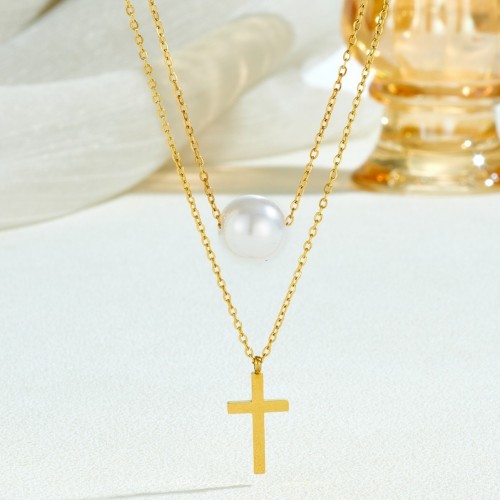 European and American titanium steel clavicle chain with cross pendant and pearl design, simple and stylish, gold-colored stainless steel versatile multi-layer necklace