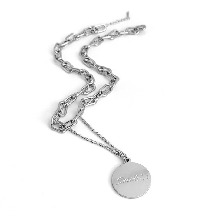 Korean-style ins simple letter double smiley face titanium steel necklace for women, popular clavicle chain, hip-hop trendy sweater chain for men, wholesale