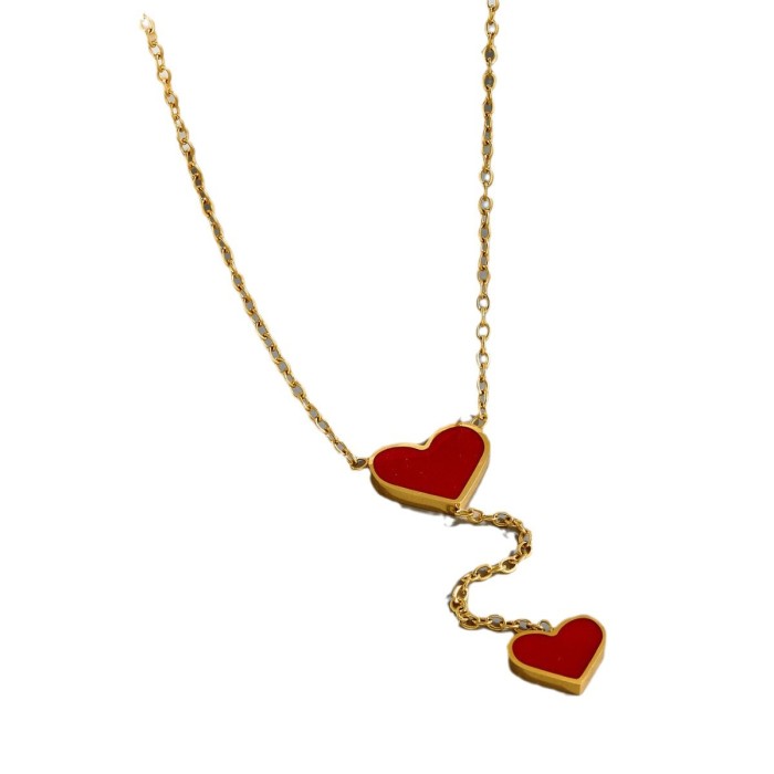 Double Heart Red Peach-Shaped New Non-Fading Titanium Steel Necklace for Women, Fashionable and Luxurious Design Collarbone Chain Jewelry
