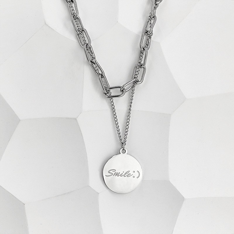 Korean-style ins simple letter double smiley face titanium steel necklace for women, popular clavicle chain, hip-hop trendy sweater chain for men, wholesale