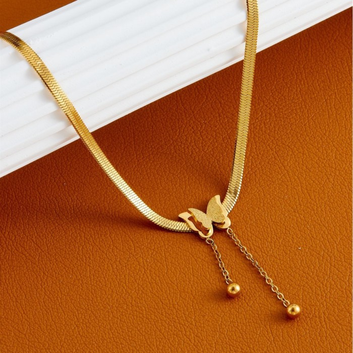 New all-over titanium steel butterfly tassel necklace, non-fading, women's summer light luxury versatile high-end blade chain choker