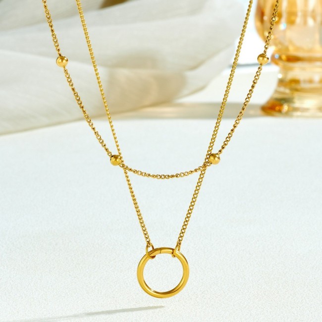 Round ball necklace with double-layer pendant, European and American niche light luxury titanium steel, simple retro design, versatile trendy choker