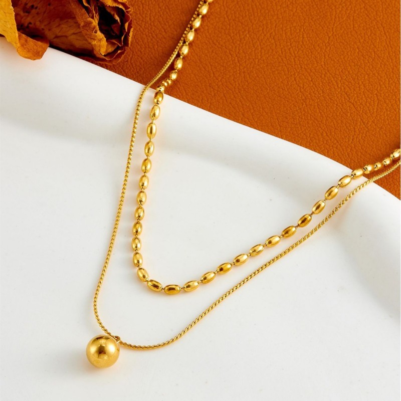 European and American fashion double-layered bead pendant titanium steel non-fading vintage cool style jewelry collarbone necklace