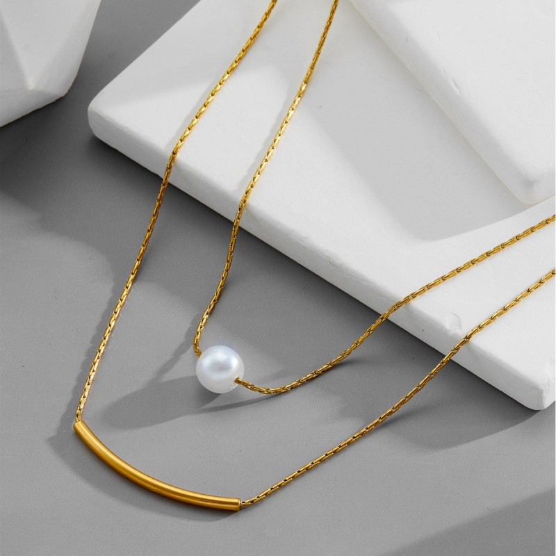 Sweet Girl Pearl Double-Layer Necklace Titanium Steel 18k Gold Niche Design Empress Style Personality Versatile Collarbone Chain for Women