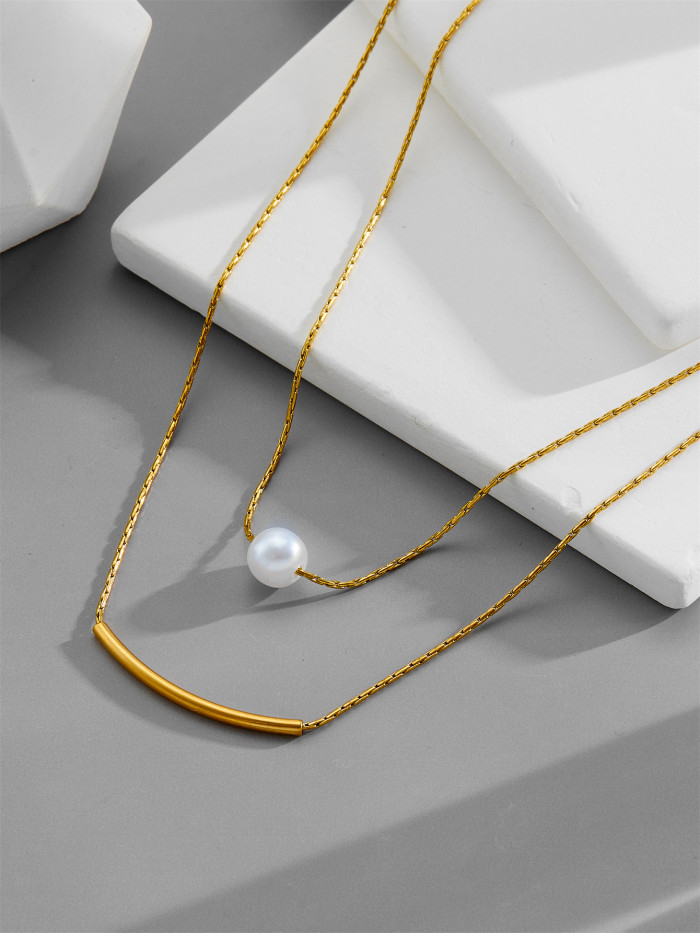 Sweet Girl Pearl Double-Layer Necklace Titanium Steel 18k Gold Niche Design Empress Style Personality Versatile Collarbone Chain for Women