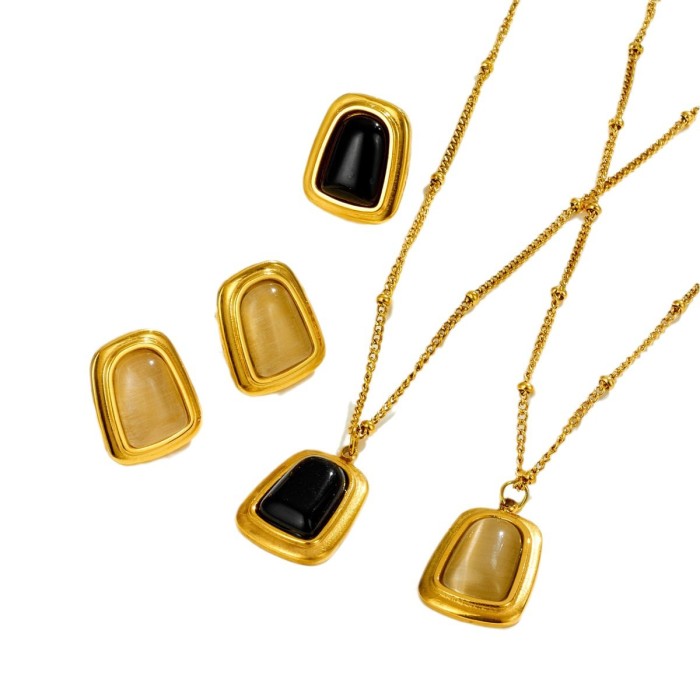 Marka European and American Exaggerated Colorful Cat's Eye Pendant Design Fashion Women's Titanium Steel Jewelry Set Earrings Necklace
