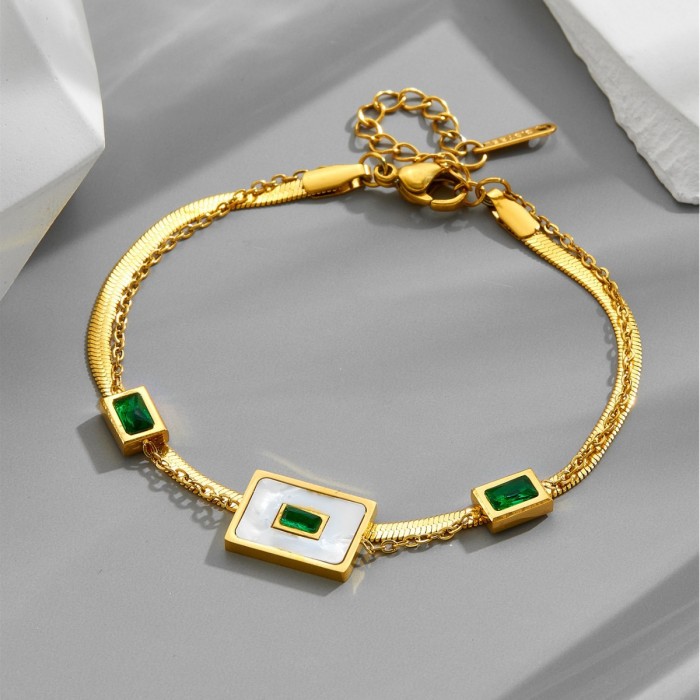 High-end emerald shell square bracelet, stylish and unique, stainless steel versatile accessory, light luxury vintage