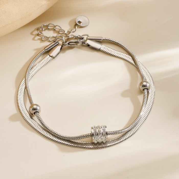 Popular in Europe and America, cross-border double-layer flat snake bone round snake bead chain bracelet, stainless steel, water-resistant, color-retaining, trendy