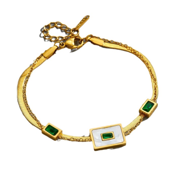 High-end emerald shell square bracelet, stylish and unique, stainless steel versatile accessory, light luxury vintage