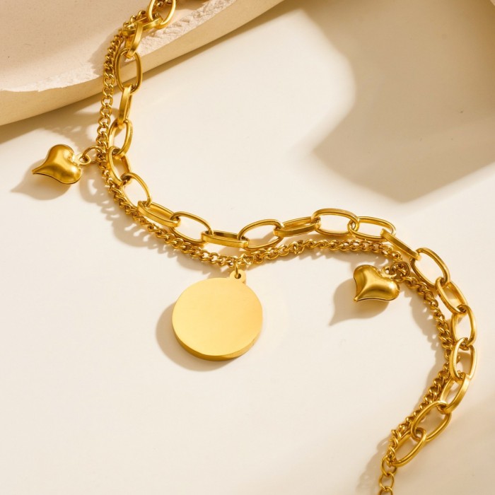 Unique Heart-Shaped Jewelry Stainless Steel Vacuum Electroplated Real Gold Plated Double-Layer Chain Diamond-Studded Heart Series Bracelet