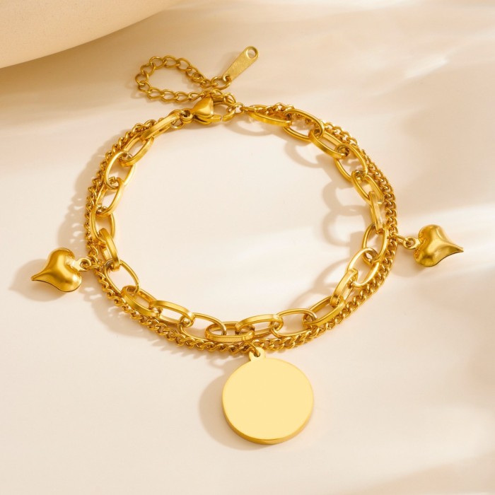 Unique Heart-Shaped Jewelry Stainless Steel Vacuum Electroplated Real Gold Plated Double-Layer Chain Diamond-Studded Heart Series Bracelet