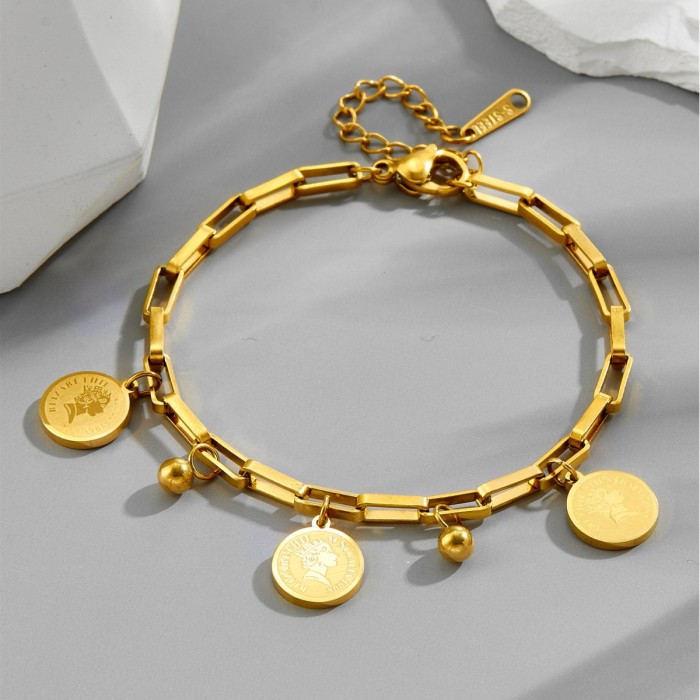 European and American cross-border Korean style trendy titanium steel hip-hop personalized fashion retro queen portrait round pendant bracelet wholesale