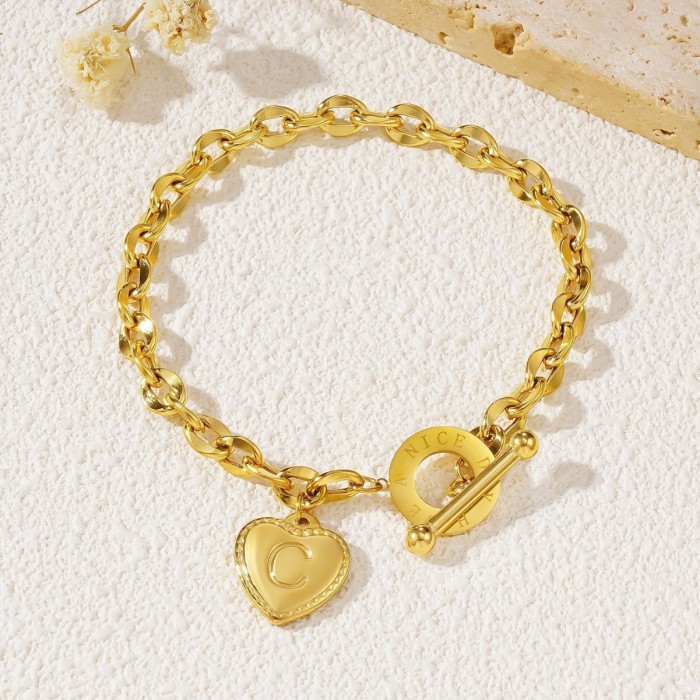 Trending in European and American cross-border sales: 26-letter heart OT clasp titanium steel bracelet, personalized and versatile stainless steel jewelry