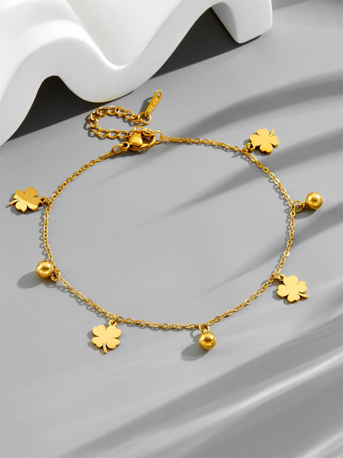 【Full Titanium Steel】Titanium Steel Gold Four-Leaf Clover Bracelet for Women, European and American Style Fashionable Light Luxury Bracelet with Color Retention Electroplating