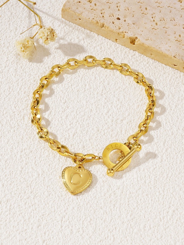 Trending in European and American cross-border sales: 26-letter heart OT clasp titanium steel bracelet, personalized and versatile stainless steel jewelry