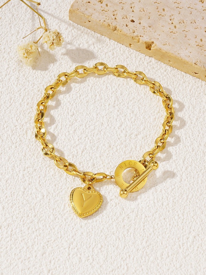 Trending in European and American cross-border sales: 26-letter heart OT clasp titanium steel bracelet, personalized and versatile stainless steel jewelry