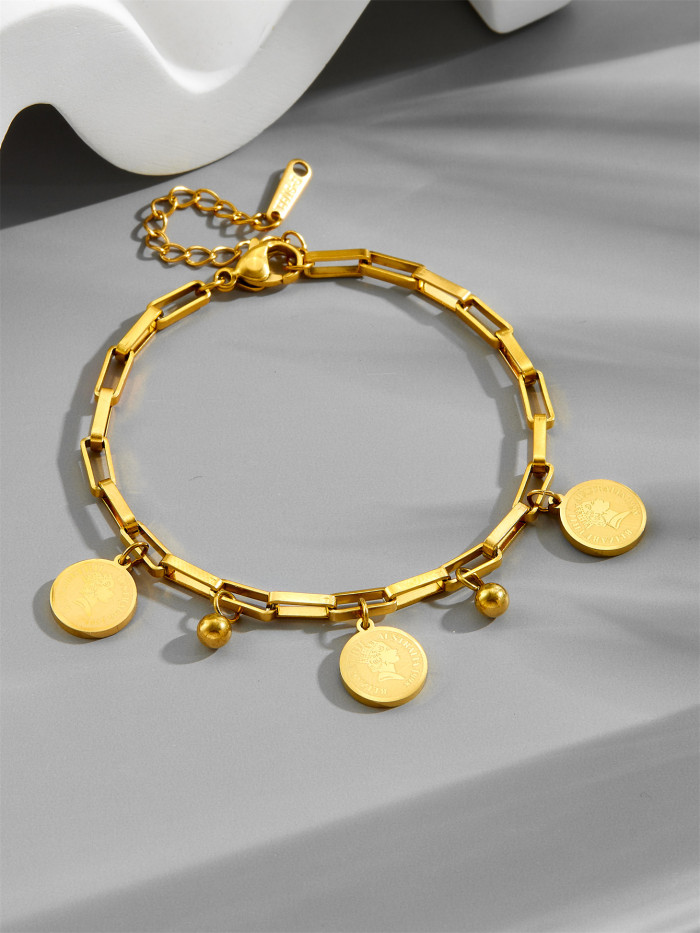 European and American cross-border Korean style trendy titanium steel hip-hop personalized fashion retro queen portrait round pendant bracelet wholesale