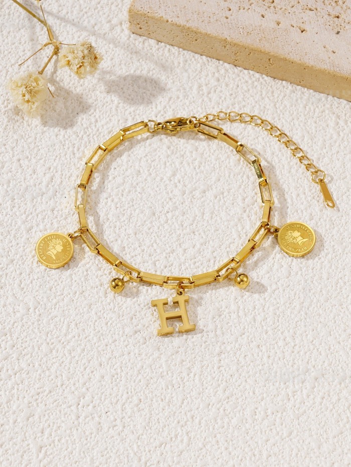 Trendy titanium steel hip-hop personalized round pendant bracelet, Korean style internet celebrity ins minimalist style student and friendship bracelet wholesale
