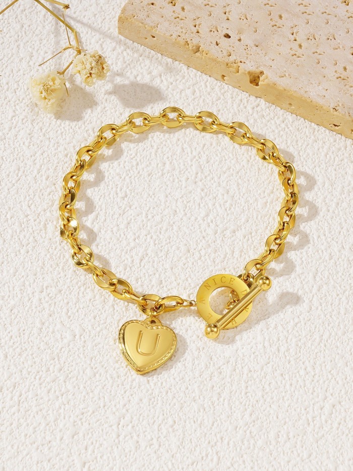 Trending in European and American cross-border sales: 26-letter heart OT clasp titanium steel bracelet, personalized and versatile stainless steel jewelry