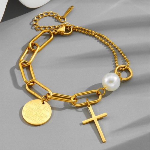 New European and American style cross anti-fade bracelet, titanium steel, non-fading, electroplated 18k gold, popular ins-style women's accessory
