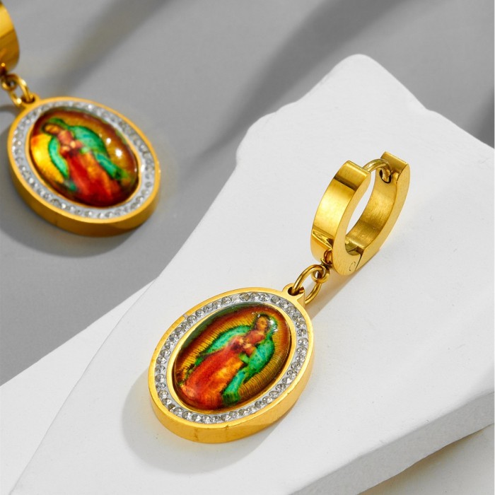Elegant colorful resin oval pendant with full diamond inlay, clavicle chain, Teacher's Day gift, titanium steel necklace and earring set