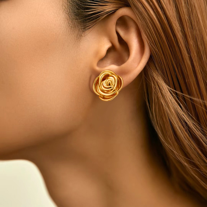 Cross-border bestseller stainless steel rose-shaped earrings, European and American light luxury high-end elegant floral stud earrings