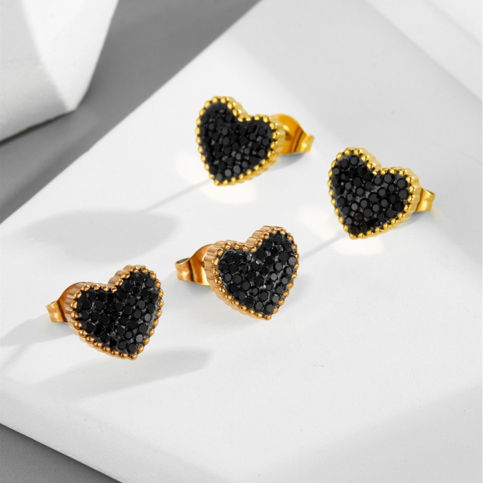 2023 Classic Fashion Full-Diamond Heart-Shaped Titanium Steel Earrings Women's Rose Gold Hypoallergenic Earrings Wholesale