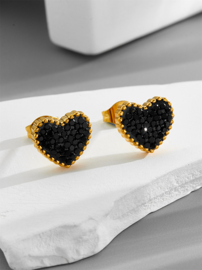 2023 Classic Fashion Full-Diamond Heart-Shaped Titanium Steel Earrings Women's Rose Gold Hypoallergenic Earrings Wholesale