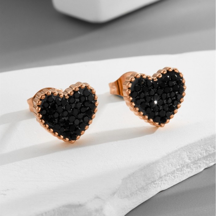2023 Classic Fashion Full-Diamond Heart-Shaped Titanium Steel Earrings Women's Rose Gold Hypoallergenic Earrings Wholesale